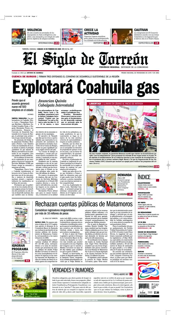 69 páginas hoy. Hemeroteca » Edición de 19 de feb 2005 ::